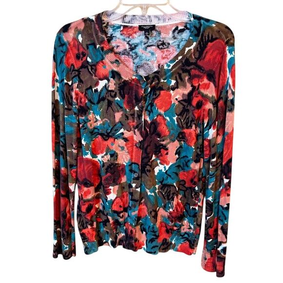 Talbots Floral Print Cardigan Long Sleeve Cotton Blend Petite Size Large - Picture 1 of 7